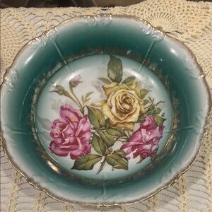 Antique Vintage Victorian Bowl Green with Gold Trim and Roses